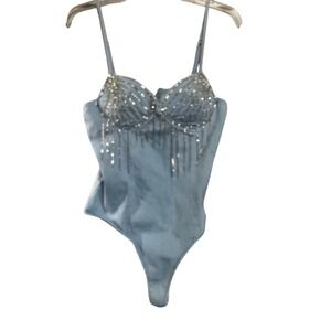Bloshe Womens Denim Rhinestone Fringe Bustier Bodysuit Light Wash Blue Large